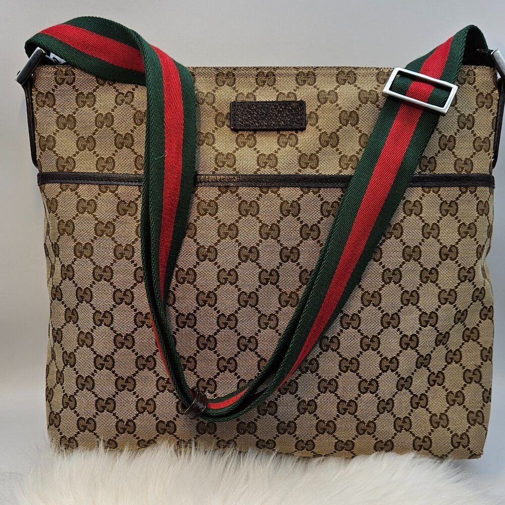 Gucci Beige Brown Monogram Crossbody with Green and Red Web Strap